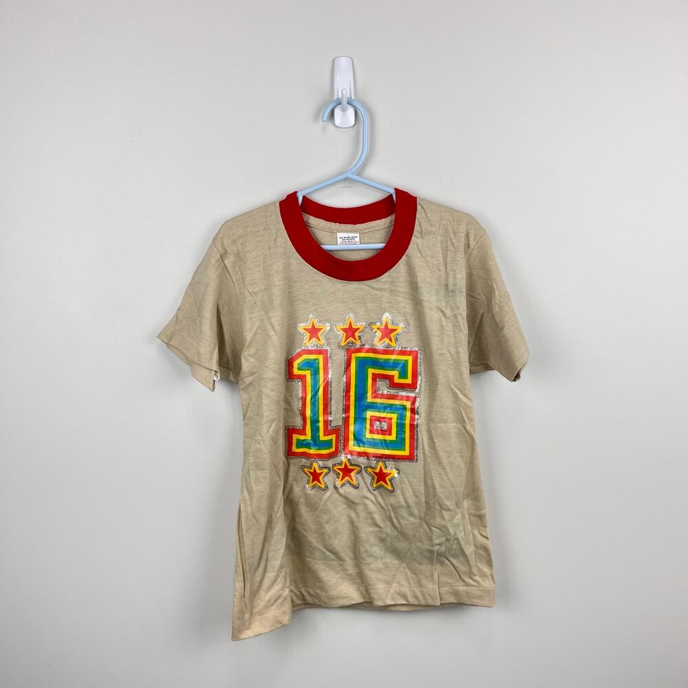 Vintage Bloopers Tan Rainbow Stars Track T-Shirt L 10-12 USA NWOT
